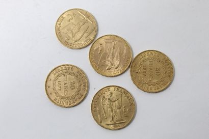 null Lot of 5 gold coins 20 francs to the genius (1877 A x 3 ; 1887 A ; 1897 A)

TTB....