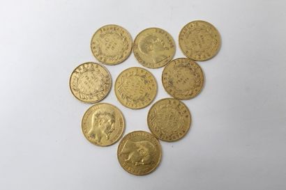 null Lot de 9 pièces en or de 20 Francs Napoléon III tête nue (1854 A ; 1855 A x...