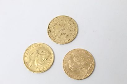 null Lot de 3 pièces en or de 20 Francs :

- Napoléon III tête laurée, 1865, BB.

-...