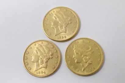 null Trois pièces en or de 20 dollars "Coronet Head Eagle" 1894 (San Francisco),...