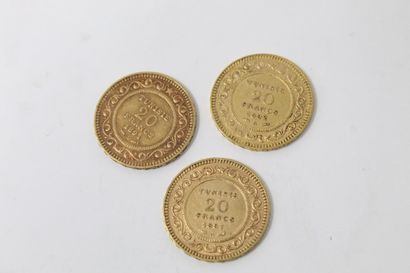 null Three gold coins of 20 Francs Tunisia - French Protectorate, 1891 (A), 1892...