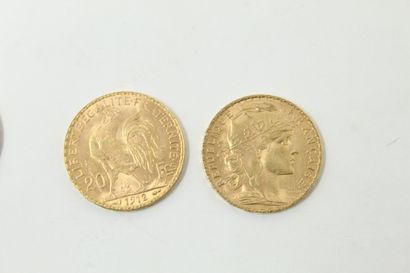 null Dix pièces en or 20 Francs au coq 1900, 1901,1904, 1906, 1908, 1910, 1912 x3,...