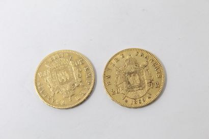 null Lot of two gold coins of 20 francs Napoleon III head laurel. (1865 BB and 1869...