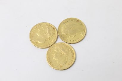 Lot de trois pièces en or de 20 francs comprenant...