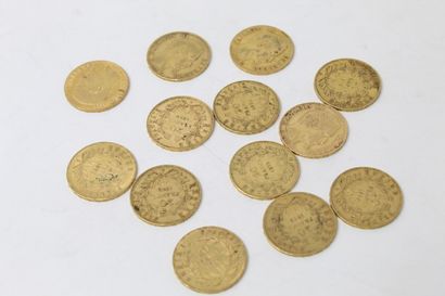 Treize pièces en or de 20 Francs Napoléon...
