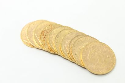 Ten gold coins 20 Francs au coq 1900, 1901,1904,...