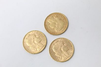 null Trois pièces en or de 20 Francs au Coq (1905)

TTB à SUP

Poids : 19,35 g.