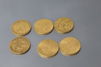 null Lot de six pièces en or de 10 Dollars "Coronet Head Eagle" 1886 (Philadelphie),...