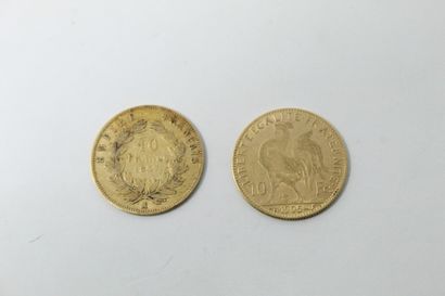 Lot de deux pièces de 10 Francs en or jaune...