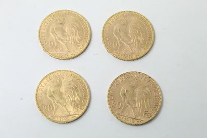 null Lot de 4 pièces en or jaune de 20 francs au Coq (3 x 1912 ; 1906)

TTB à SUP....