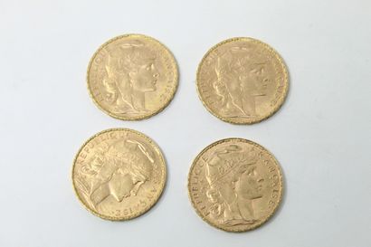 Lot de 4 pièces en or jaune de 20 francs...