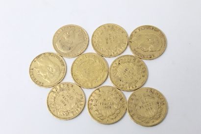 null Lot de neuf pièces en or de 20 Francs Napoléon III tête nue 1858 Ax3, 1859 Ax2,...