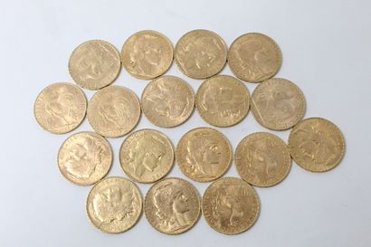 Dix-sept pièces en or de 20 Francs au Coq...