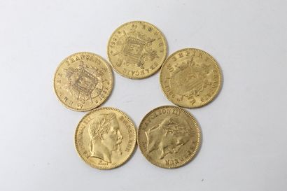null Lot de 5 pièces en or 20 Francs Napoléon III tête laurée (1863 A ; 2 x 1863...