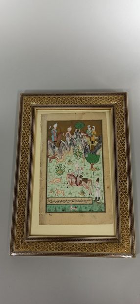 null Persian illumination with a pheasant hunting scene.

Height: 28.5 cm - Width:...