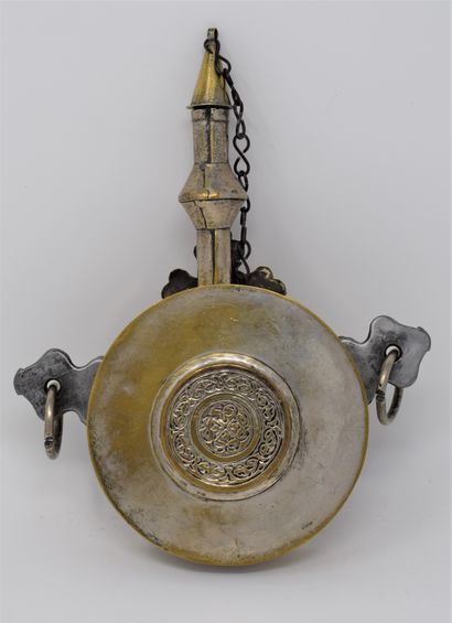 null Powder flask with circular brass body with silver applied decoration (wear),...