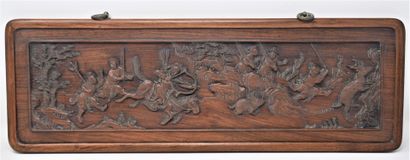 null CHINE, XIXe siècle 

Suite de trois panneaux en bois sculptés représentant des...