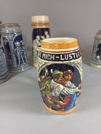 null German work.

Set of 6 enamelled stoneware beer mugs with relief decoration...