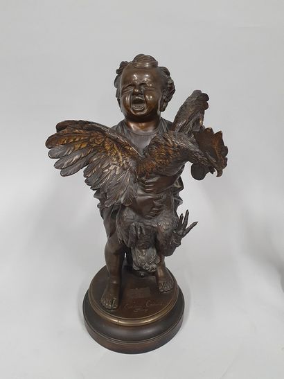  CECIONI Adriano, 1838-1886, 
Enfant au coq, 
groupe en bronze à patine médaille...