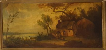 FRENCH SCHOOL 
Thatched cottage, 
Oil on...