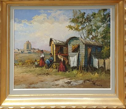  BARRY H (XX-XXIth) 
Gypsies 
oil on isorel signed lower right 
small soiling 
5...
