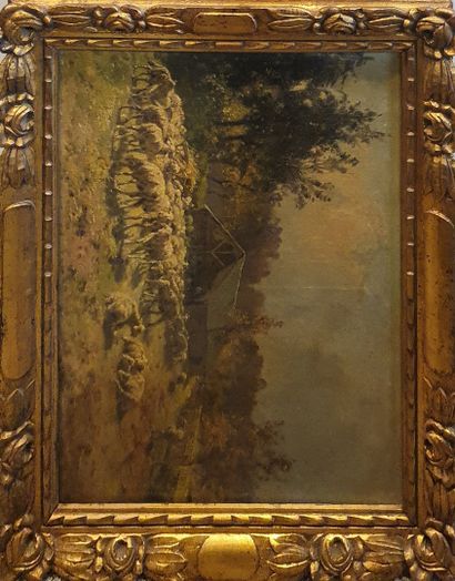  ECOLE XIXeme siècle 
Bergerie, 
Huile sur toile non signée. 
47x60.5cm 
Salissures,...