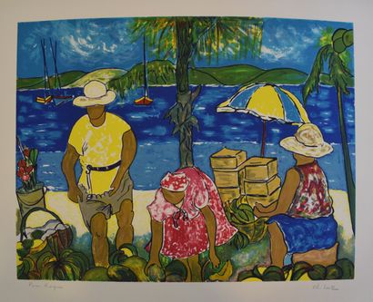 null LUTZ, 

Market on the beach, 

Lithograph signed lower right, dispatch lower...