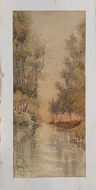  JEANNOLLE H (XIX-XXth) 
 
River view at dusk, 
Watercolor paper signed in the lower...