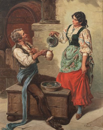  SANCHEZ SOLA Eduardo, 1869-1949 
The Wine Tasting, Granada 
oil on canvas (traces...