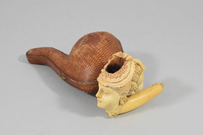 null Carved meerschaum pipe head featuring the bust of a woman with her hair tied...
