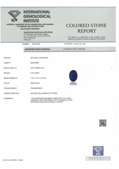 null Oval sapphire on paper. 

Accompanied by a certificate IGI indicating treatments....