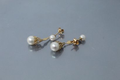 null Paire de pendants d'oreille en or jaune 14k (585) ornés chacun de deux perles...