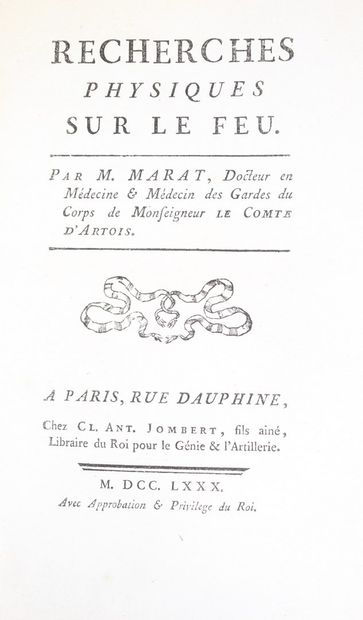 null MARAT (Jean-Paul). Recherches physiques sur le feu. Paris, Jombert, 1780. -...