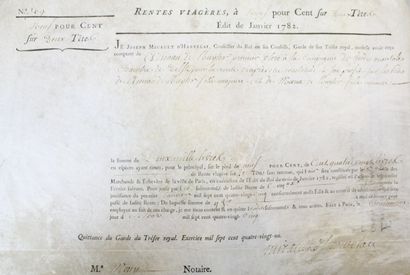 null RENTE. - Contrat de rente viagère, daté de Paris le 31 mars 1785. 245 x 360...