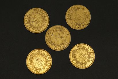 null Cinq pièces en or de 20 francs Napoléon III tête nue 1857 A.



A : atelier...