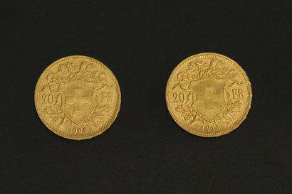 null Deux pièces en or de 20 francs suisses Vreneli.

1902 B (x1) - 1913 B (x1).



Poids...
