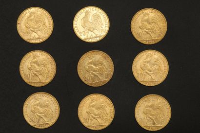 null Neuf pièces en or de 20 francs Coq 1904.

1904 (x9).



Poids : 58 g - TB à...