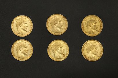 null Six pièces en or de 20 francs Napoléon III tête nue.

1858 A (x3) - 1859 A (x3).



A...
