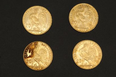 null Quatre pièces en or de 20 francs Coq 1909.

1909 (x4).



Poids : 25.80 g -...