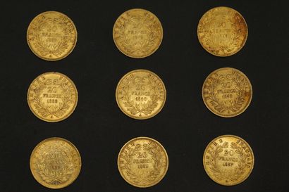 null Neuf pièces en or de 20 francs Napoléon III tête nue.

1853 A (x1) -1857 A (x2)...