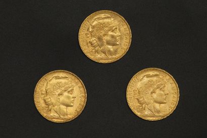 null Trois pièces en or de 20 francs Coq 1909.

1909 (x3).



Poids : 19.35 g.