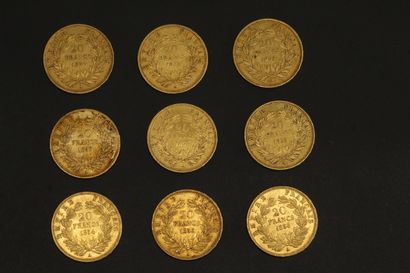 null Neuf pièces en or de 20 francs Napoléon III tête nue.

1853 A (x2) - 1854 A...