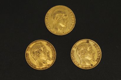 null Trois pièces en or de 20 francs Napoléon III tête nue.

1858 A (x3).



A :...