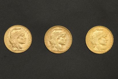 null Trois pièces en or de 20 francs Coq.

1908 (x1) - 1909 (x1) - 1910 (x1).



Poids...