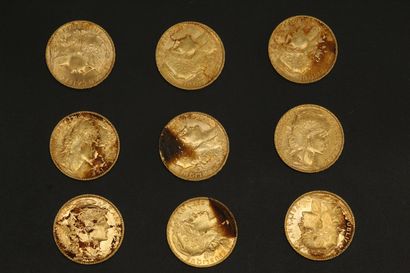 null Neuf pièces en or de 20 francs Coq.

1901 (x2) - 1902 (x1) - 1904 (x1) - 1905...