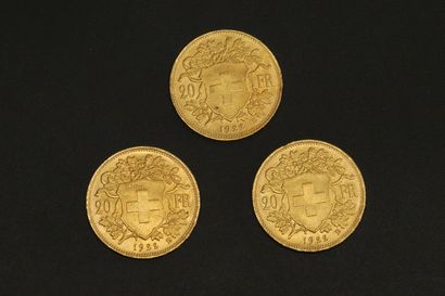 null Trois pièces en or de 20 francs suisses Vreneli.

1922 B (x3).



Poids : 19.35...