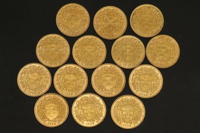 null Quatorze pièces en or de 20 francs suisses Vreneli.

1935 B (x20).



Poids...