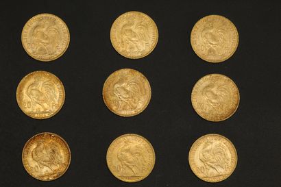 null Neuf pièces en or de 20 francs Coq 1906.

1906 (x9).



Poids : 58 g - TB à...