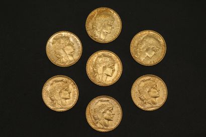 null Sept pièces en or de 20 francs Coq 1904.

1904 (x7).



Poids : 45.10 g - TB...