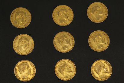 null Neuf pièces en or de 20 francs Napoléon III tête nue.

1853 A (x1) - 1855 A...